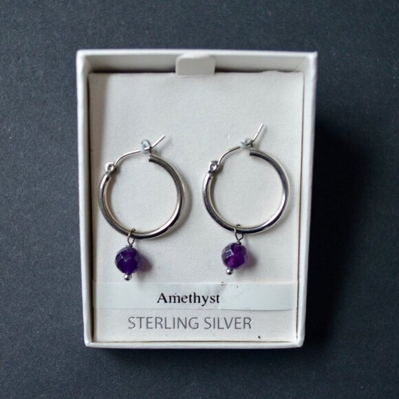 Sterling Silver Amethyst Hoop Earrings New - Picture 1 of 4